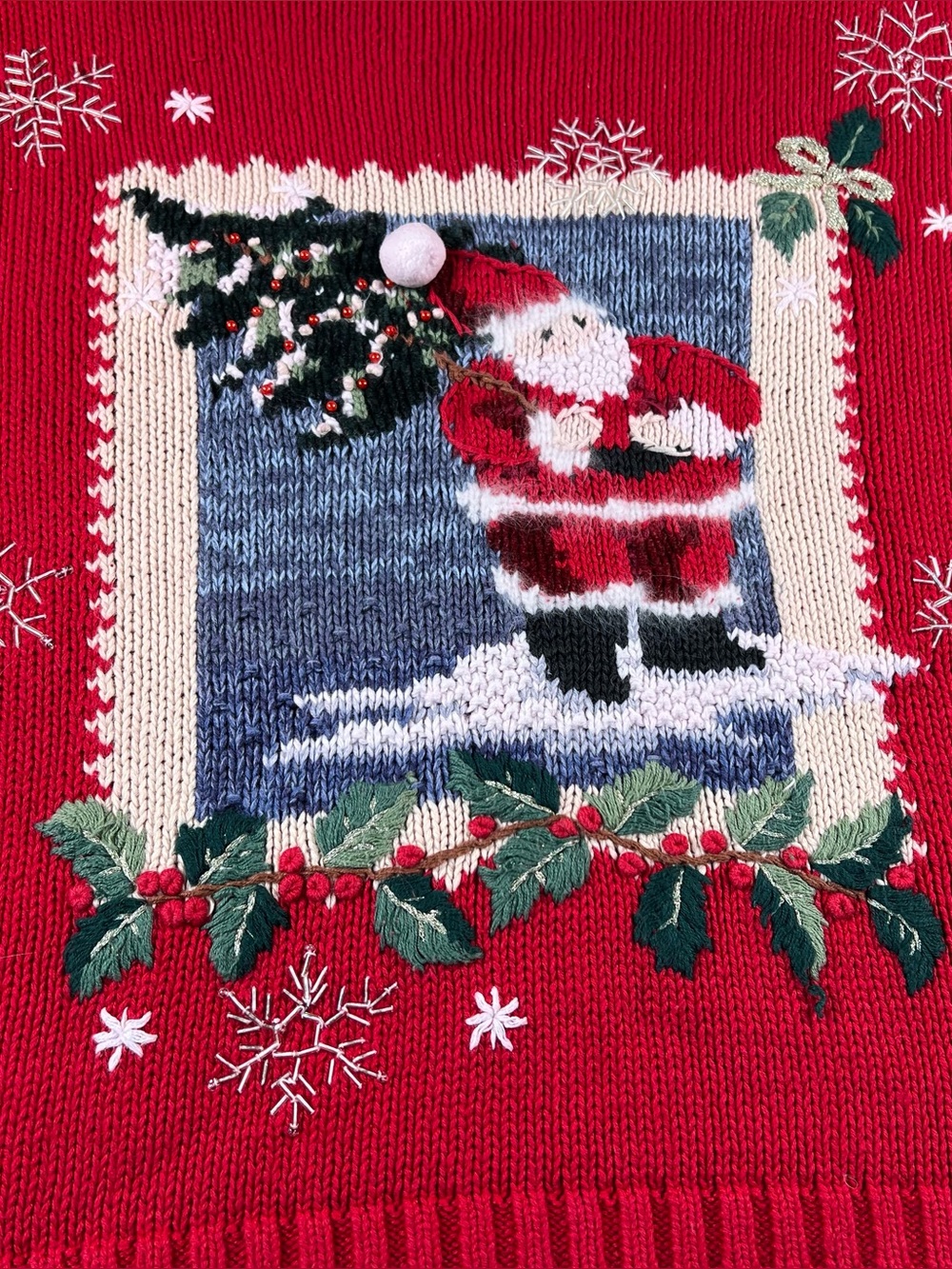 Tiara Holiday Christmas Sweater Santa Embroidered Vintage Red Pullover Large - Picture 5 of 11